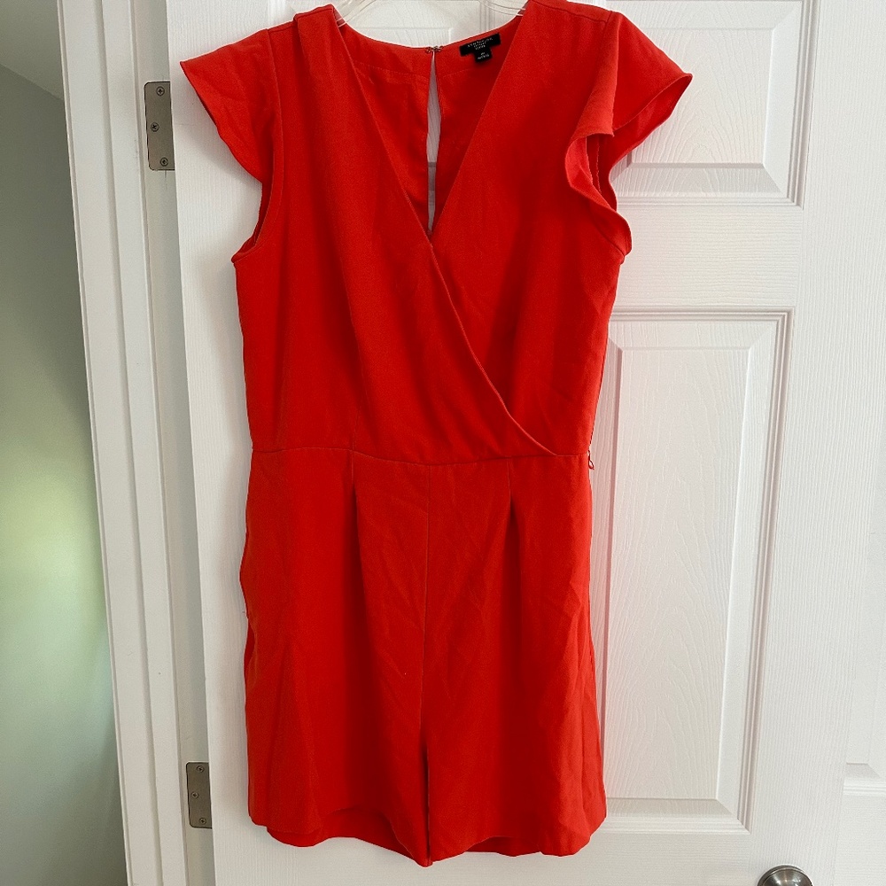Ann Taylor Factory Bright Red/Orange Flutter Sleeve Romper